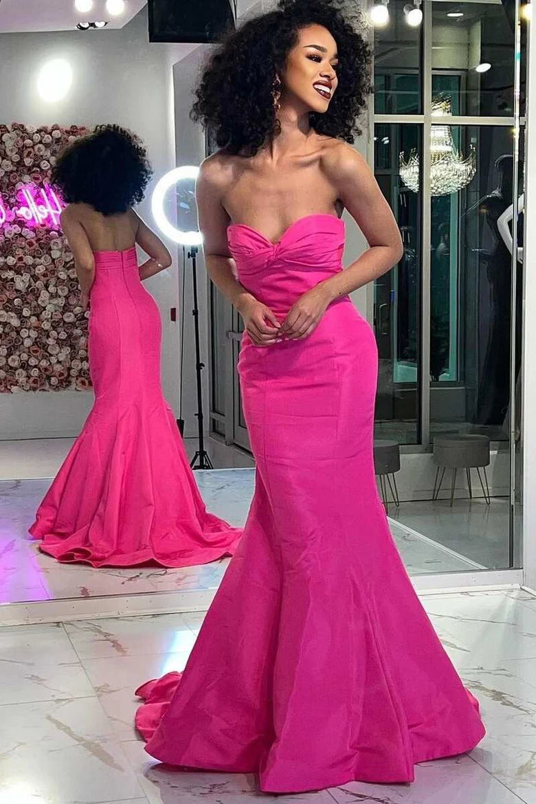 Vestido de fiesta largo con hombros descubiertos, sin mangas, sin tirantes y corte trompeta cruzado al frente